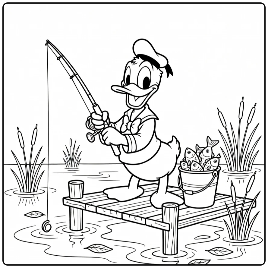 Donald Duck vist op houten pier, moeilijke kleurplaat donald duck