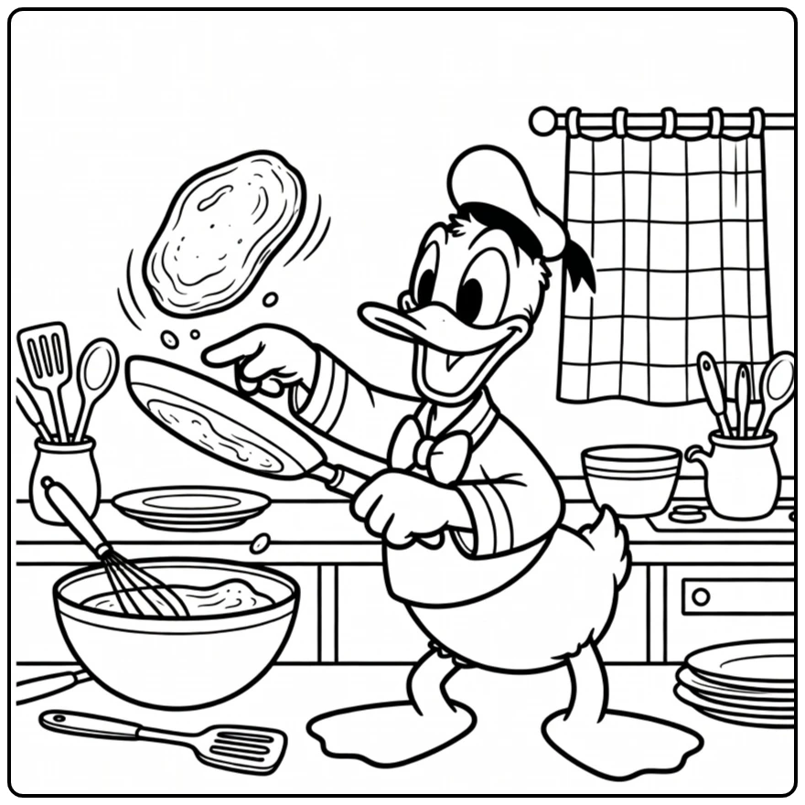 Donald Duck bakt pannenkoeken in de keuken, kleurplaat donald duck moeilijk