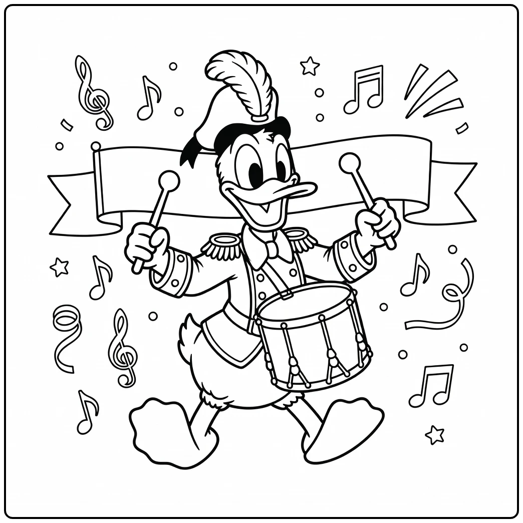 Kleurplaat Donald Duck moeilijk: Donald met trommel in parade