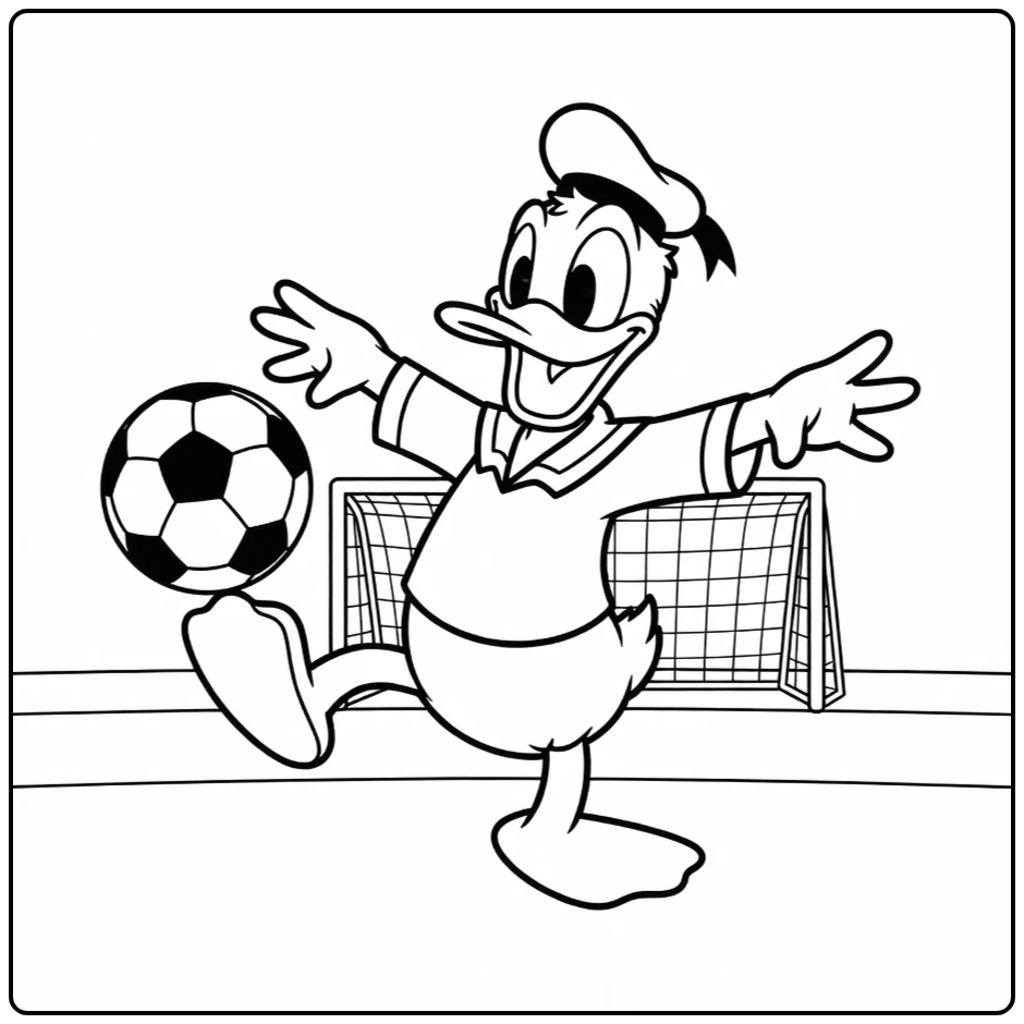 Donald Duck voetbalheld: kleurplaat donald duck voetbal vol actie.