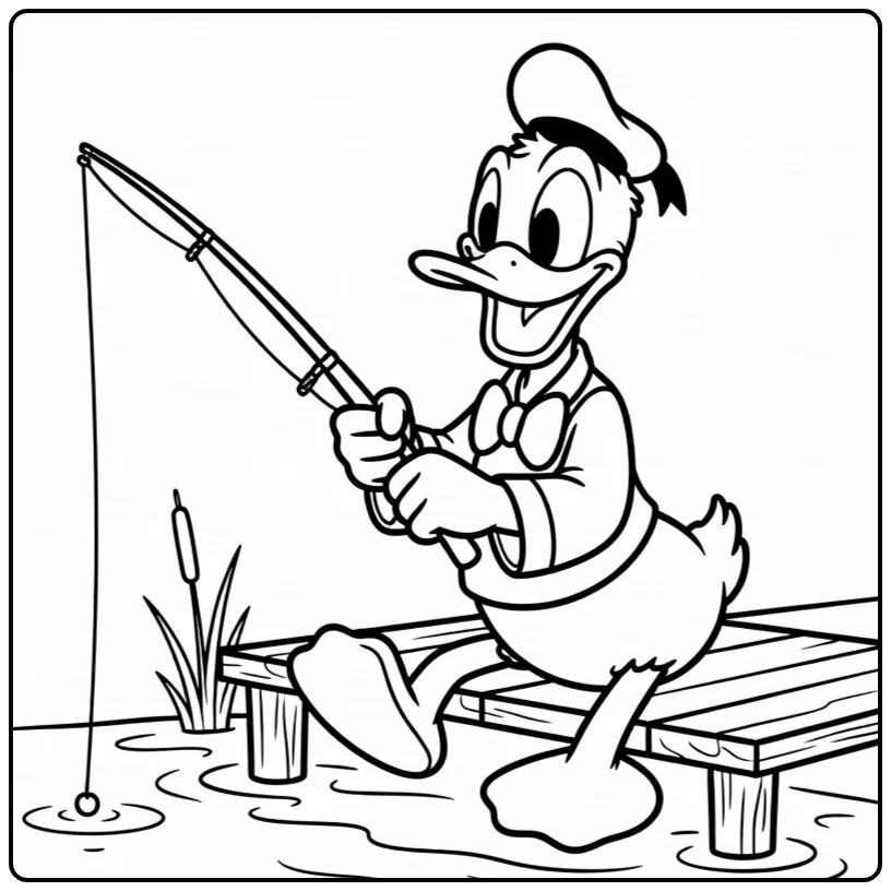 kleurplaat donald duck op houten steiger, vrolijk aan het vissen