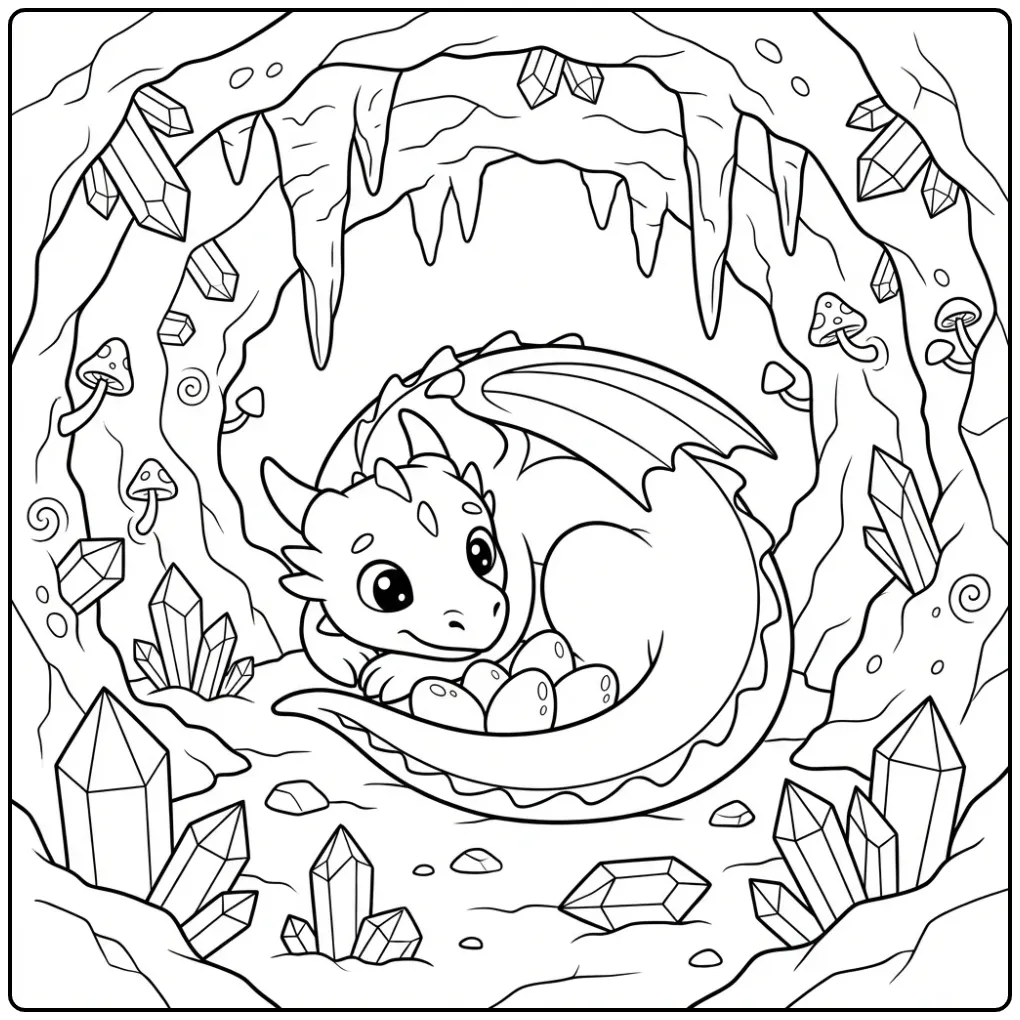Kleurplaat draak in een gezellige grot vol edelstenen.