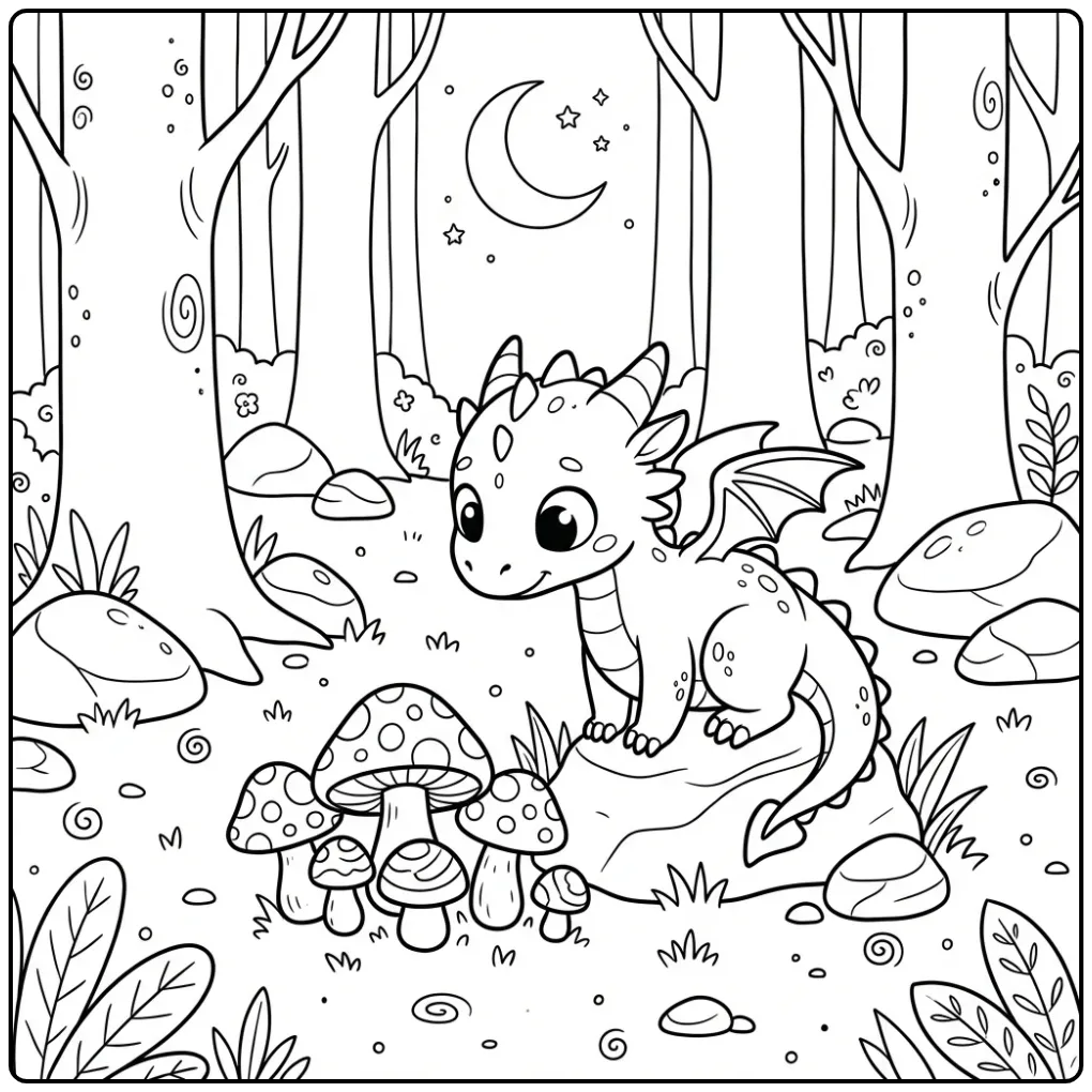 Lieve kleurplaat draak kijkt naar magische paddenstoelen