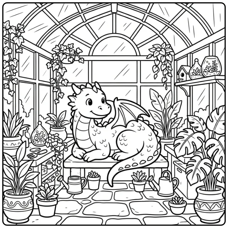 Een vrolijke kleurplaat draak rustend tussen de planten.