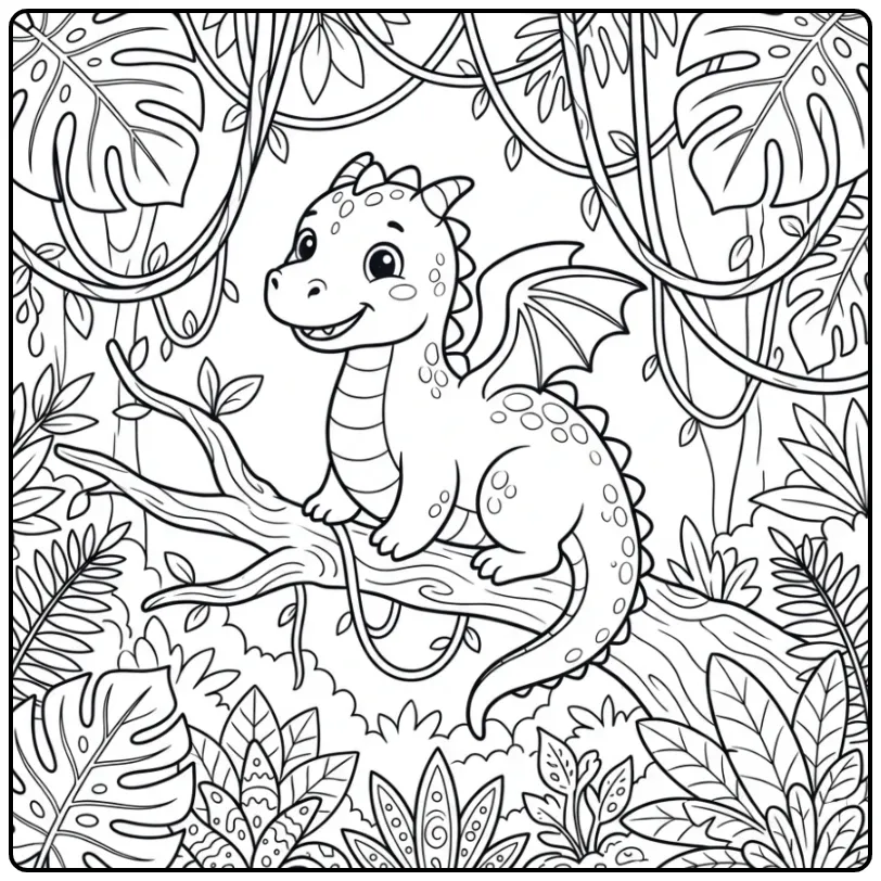 Schattige kleurplaat draak op een boomtak in de jungle.