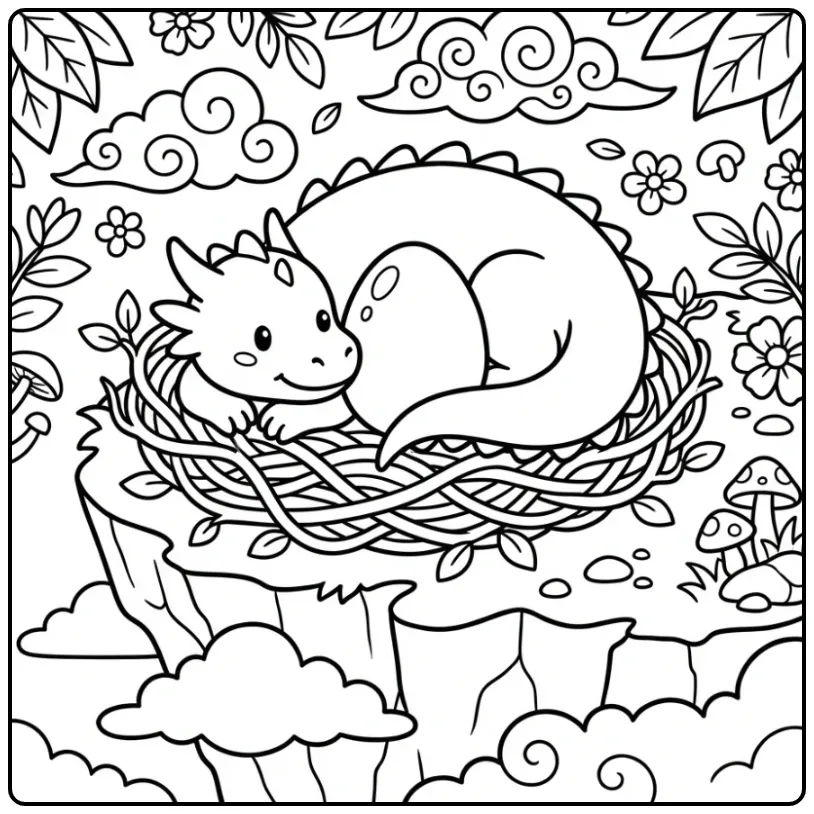 Schattige kleurplaat draak bewaakt ei op klif.