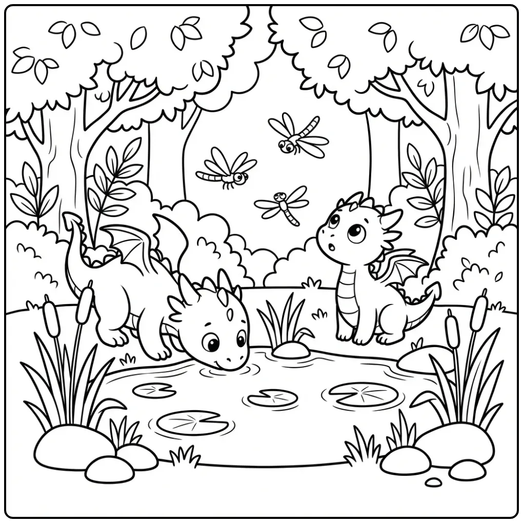 Schattige kleurplaat draak drinkend bij een rustige bosvijver.