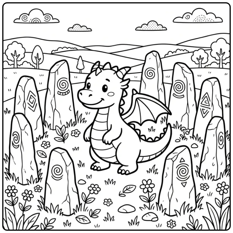 Een schattige kleurplaat draak bij oude staande stenen.