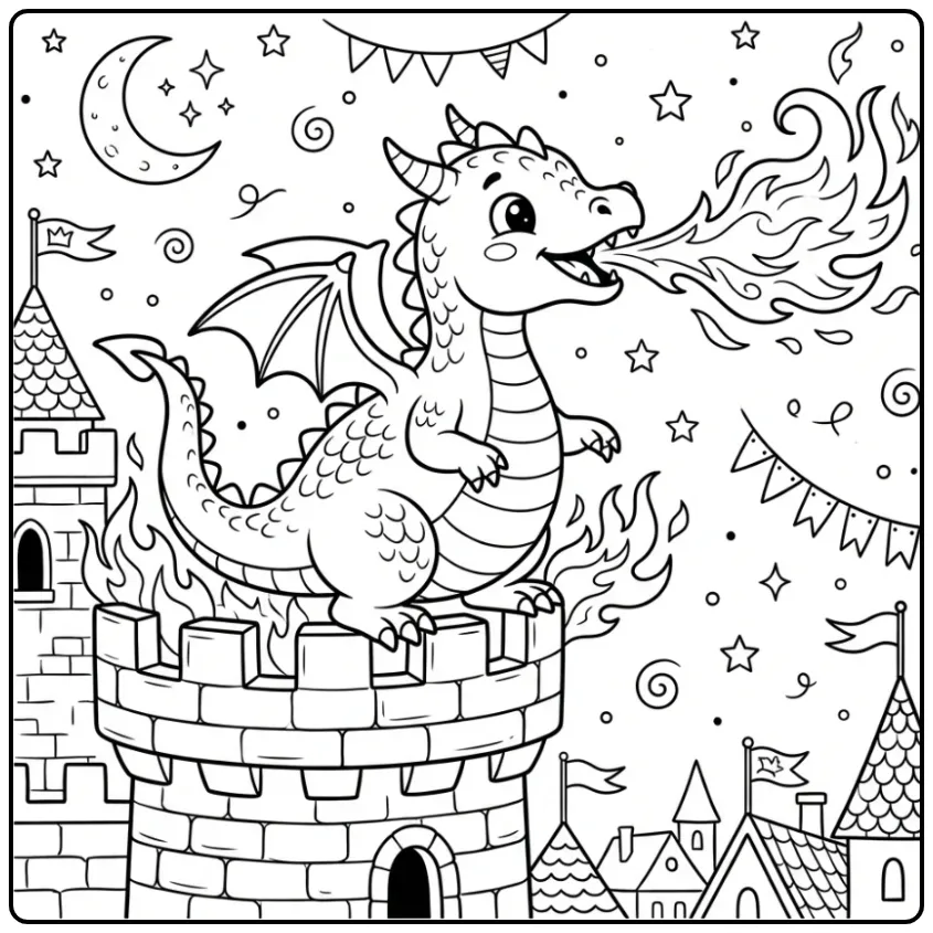 Schattige kleurplaat draak met vuur op een hoge toren.