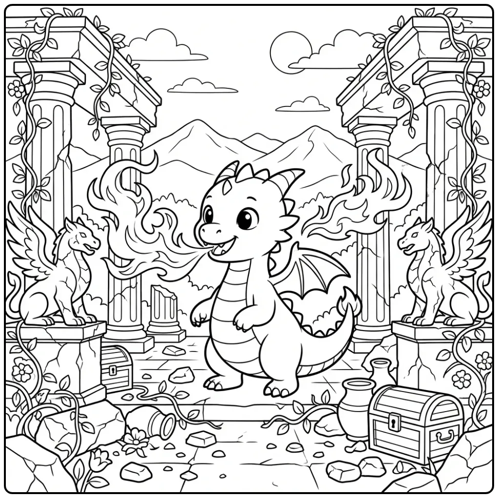 Leuke kleurplaat draak met vuur in oude ruïnes.