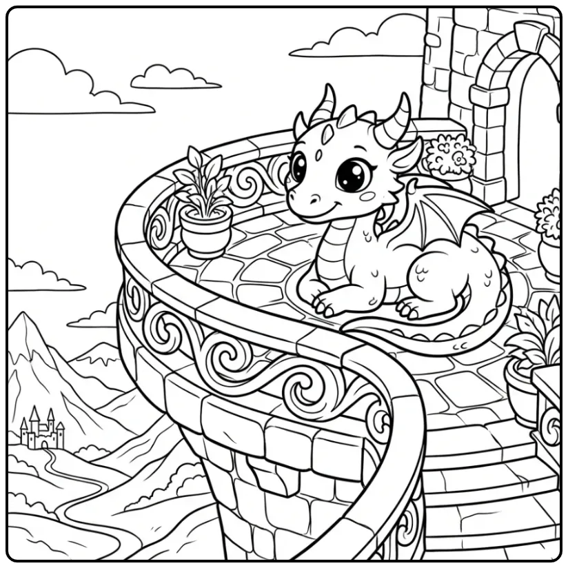 Schattige kleurplaat draak op een stenen kasteelbalkon.