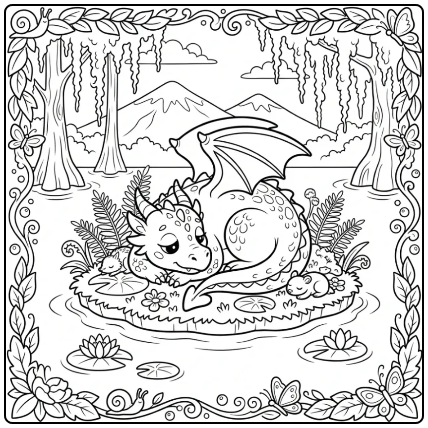 Een schattige kleurplaat draak rustend in een moeras.