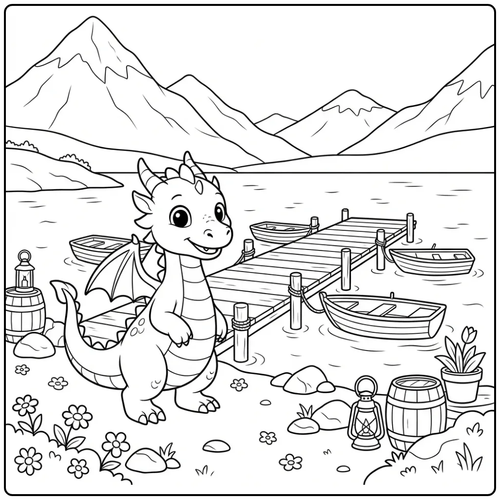 Schattige kleurplaat draak bij een steiger aan een bergmeer.