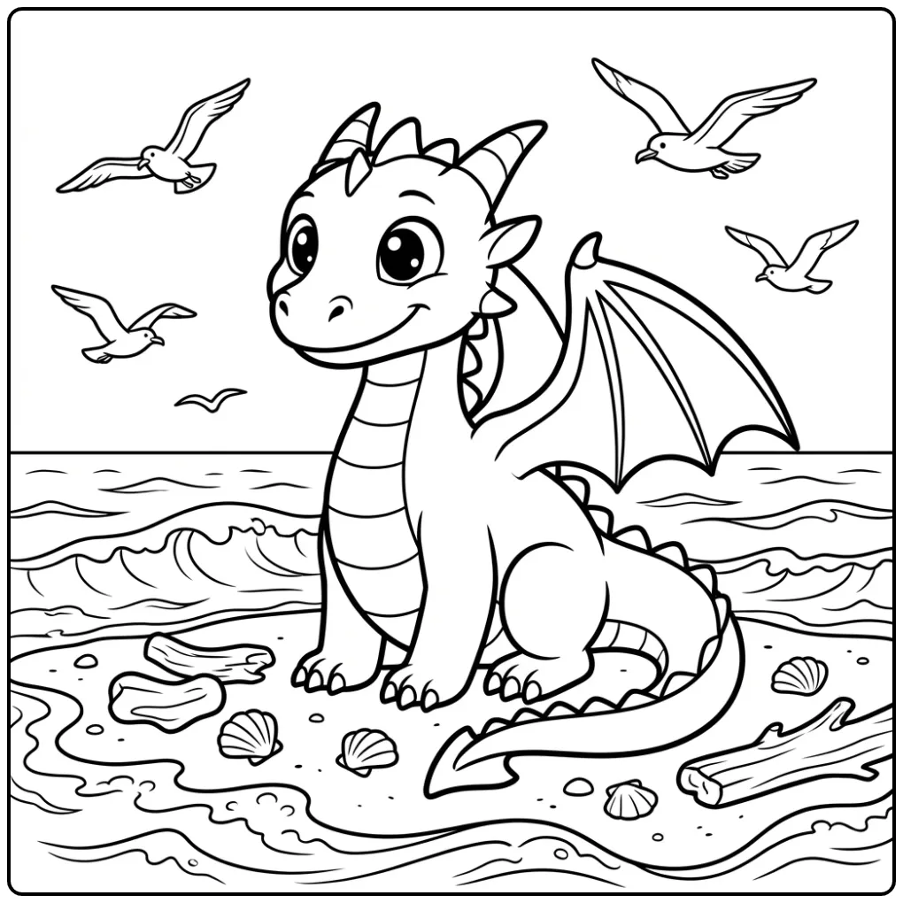 Een schattige kleurplaat draak zittend aan de rand van de zee