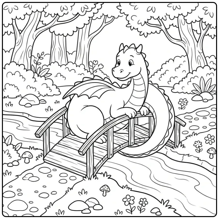 Leuke kleurplaat draak die een brug bewaakt in het bos.