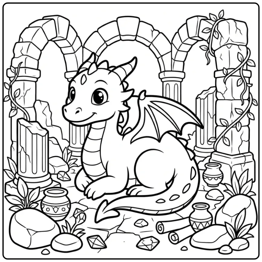Een schattige kleurplaat draak in oude ruïnes met planten.