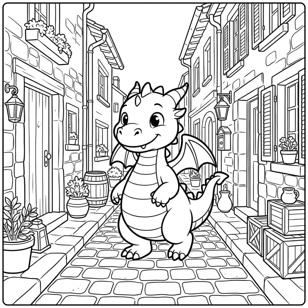 Schattige kleurplaat draak loopt over kasseien in een steeg.