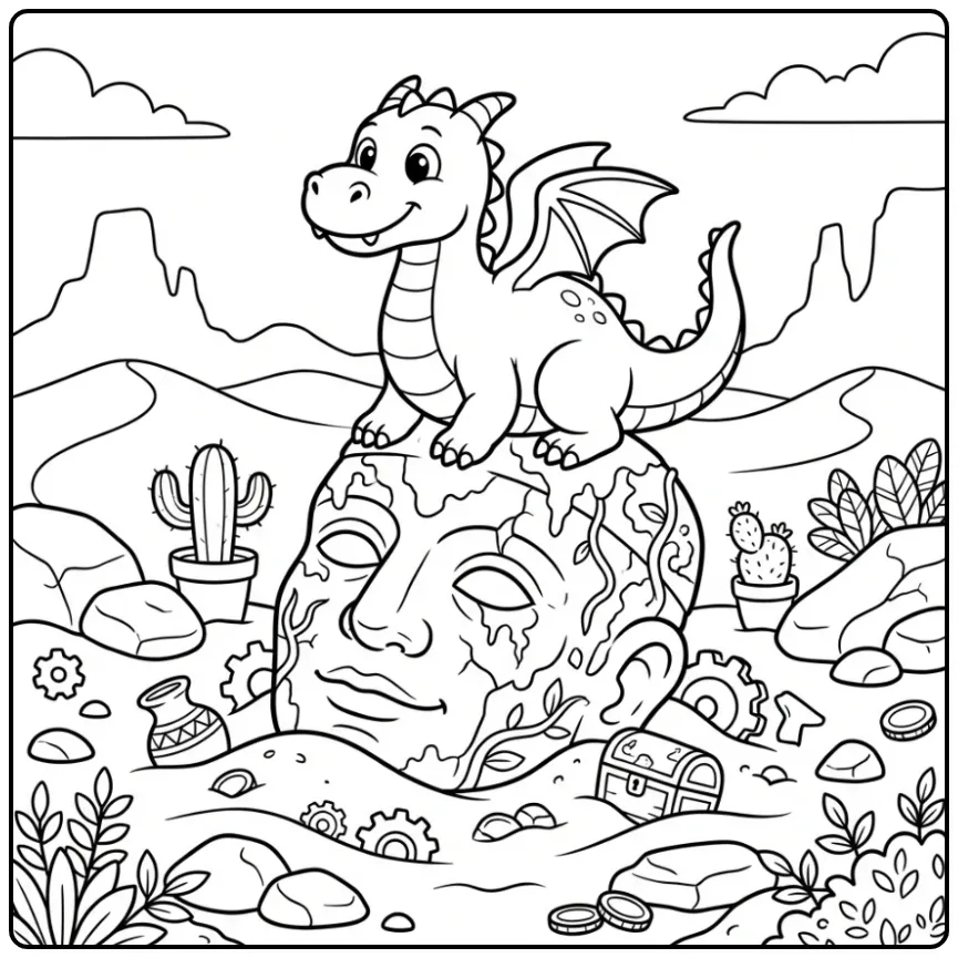 Een avontuurlijke kleurplaat draak op een oud stenen standbeeld.