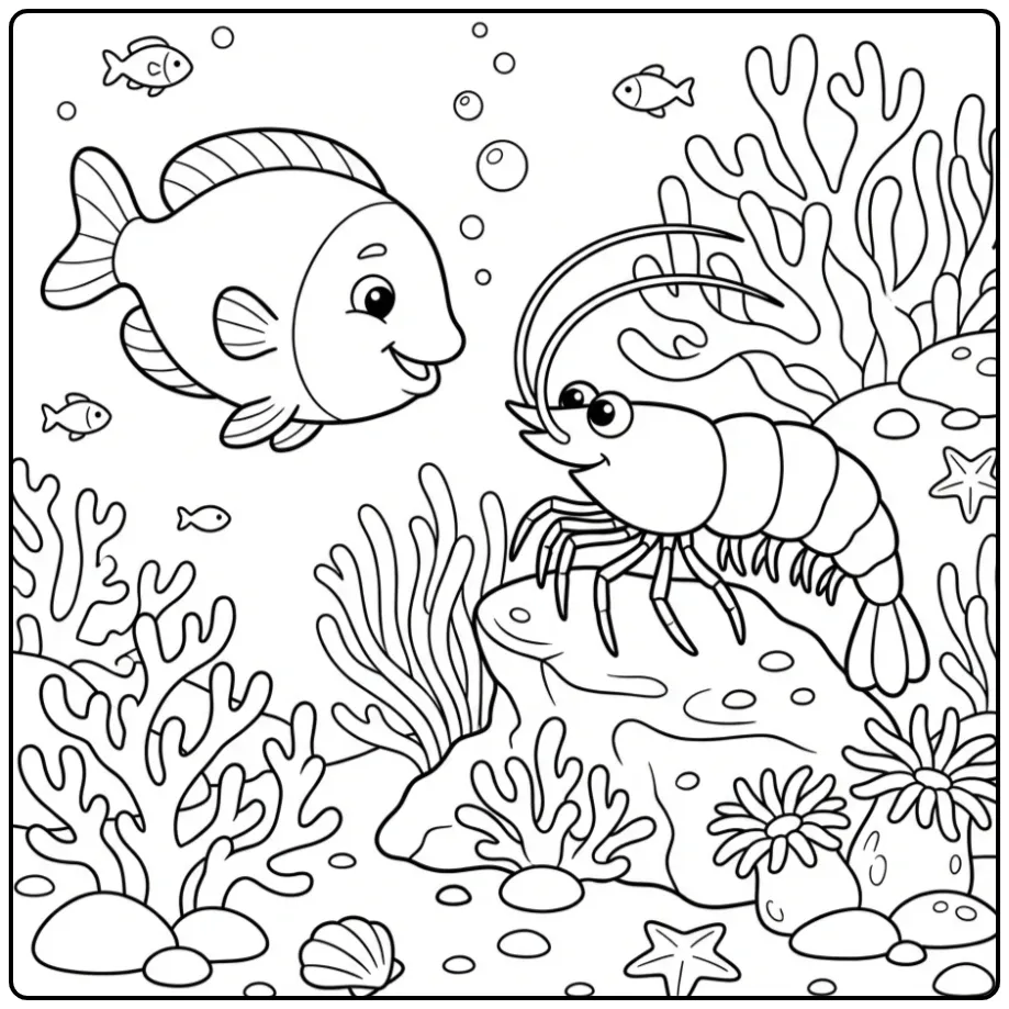 Cartoon kleurplaat garnaal die een grote vis schoonmaakt