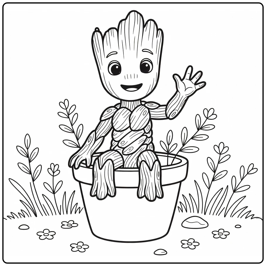 Kleurplaat Groot in bloempot, vrolijk zwaaiend met hand