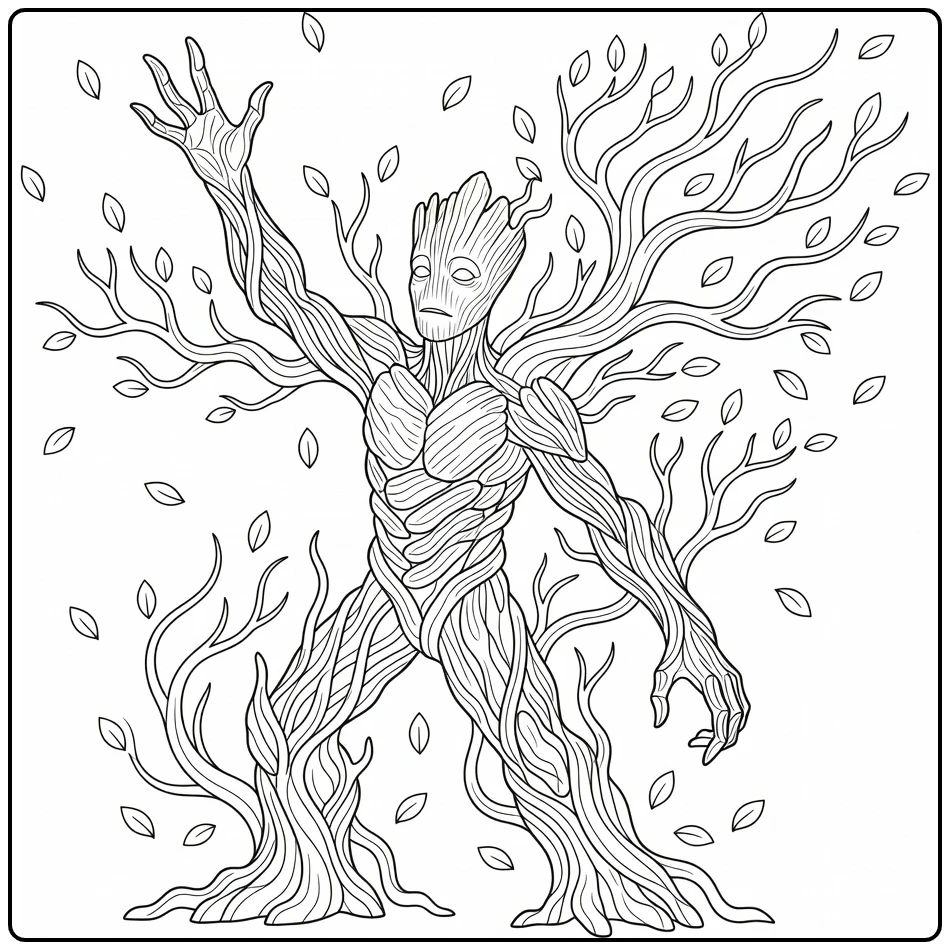 Kleurplaat groot reikt arm omhoog met takken uit lichaam