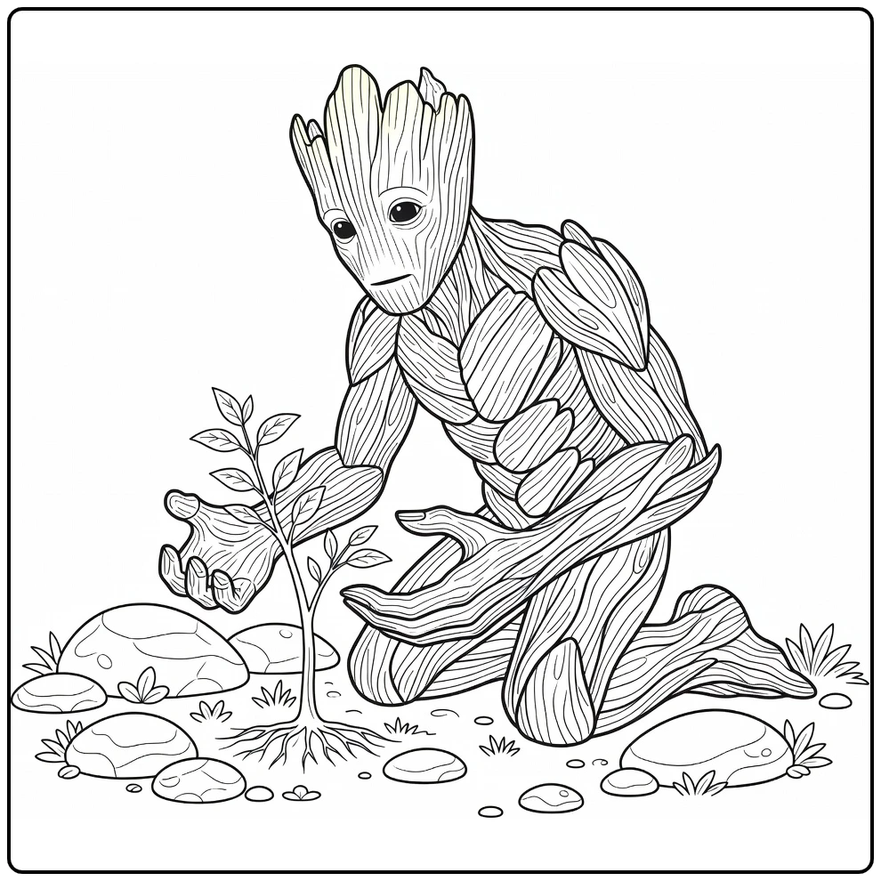 Kleurplaat Groot knielt bij klein boompje, beschermt met handen