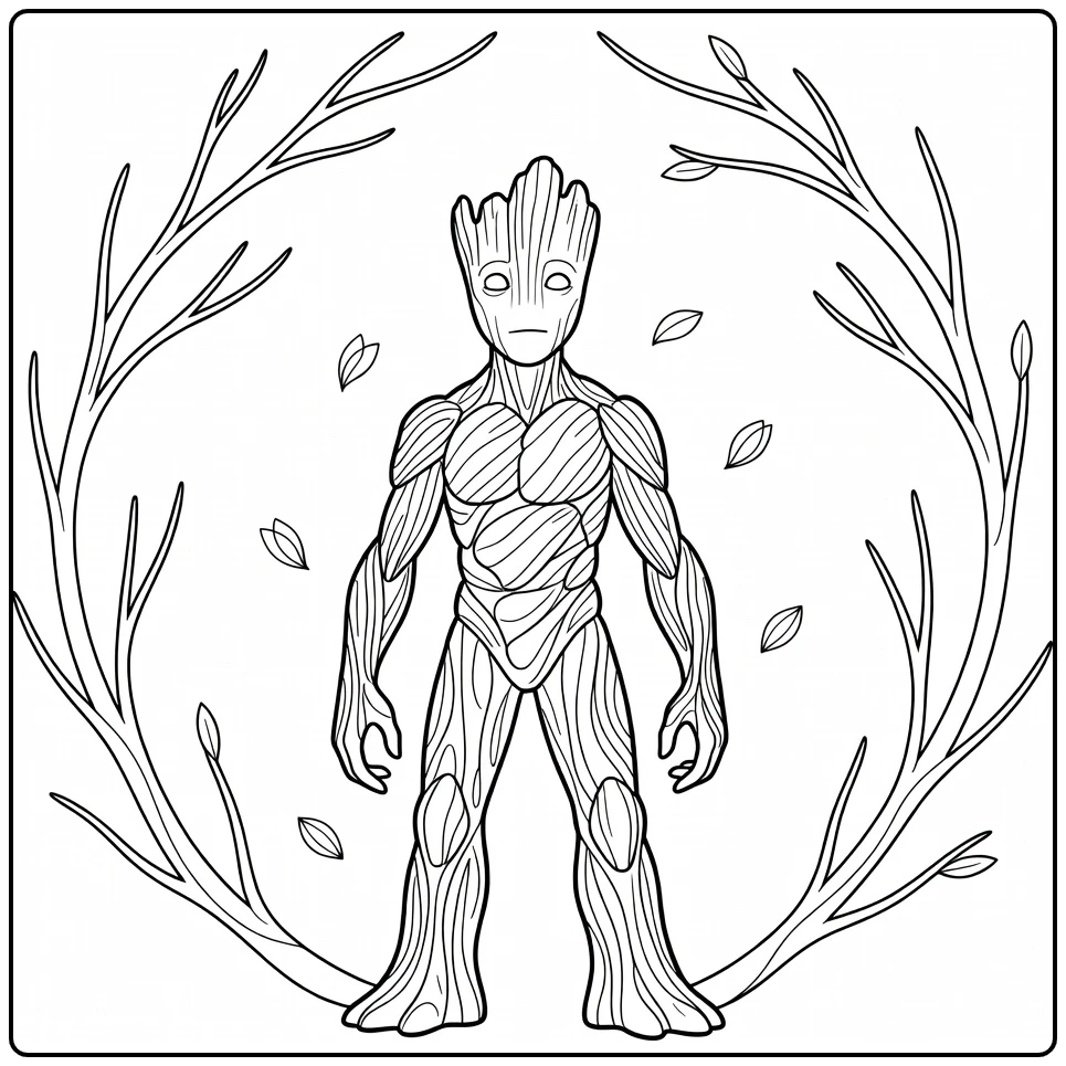 Kleurplaat Groot trots staand met takken en bloemblaadjes