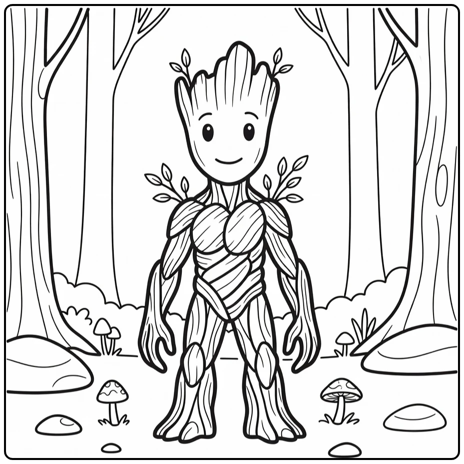 Kleurplaat Groot in vredig bos met blaadjes op schouders