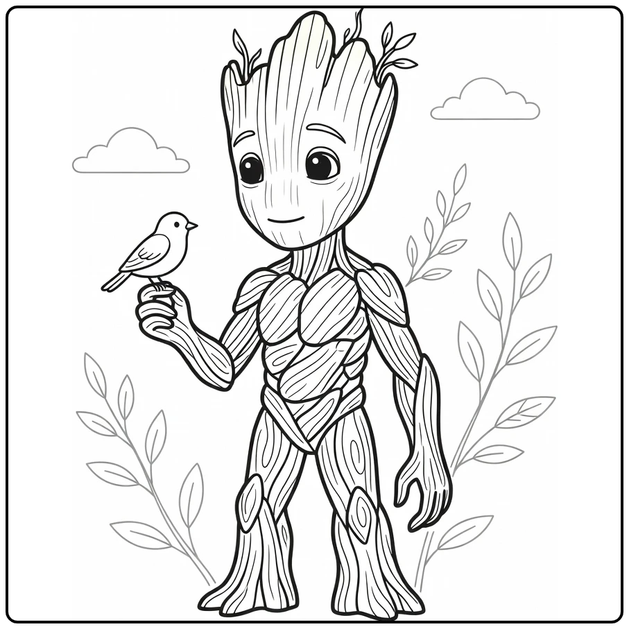 Kleurplaat Groot met klein vogeltje op vinger, nieuwsgierig