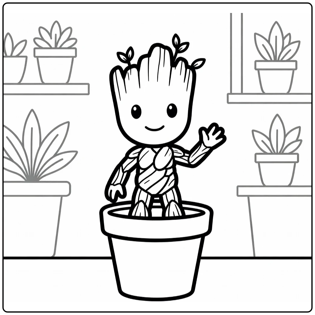 Kleurplaat Groot als kleine spruit in bloempot, vrolijk zwaaiend