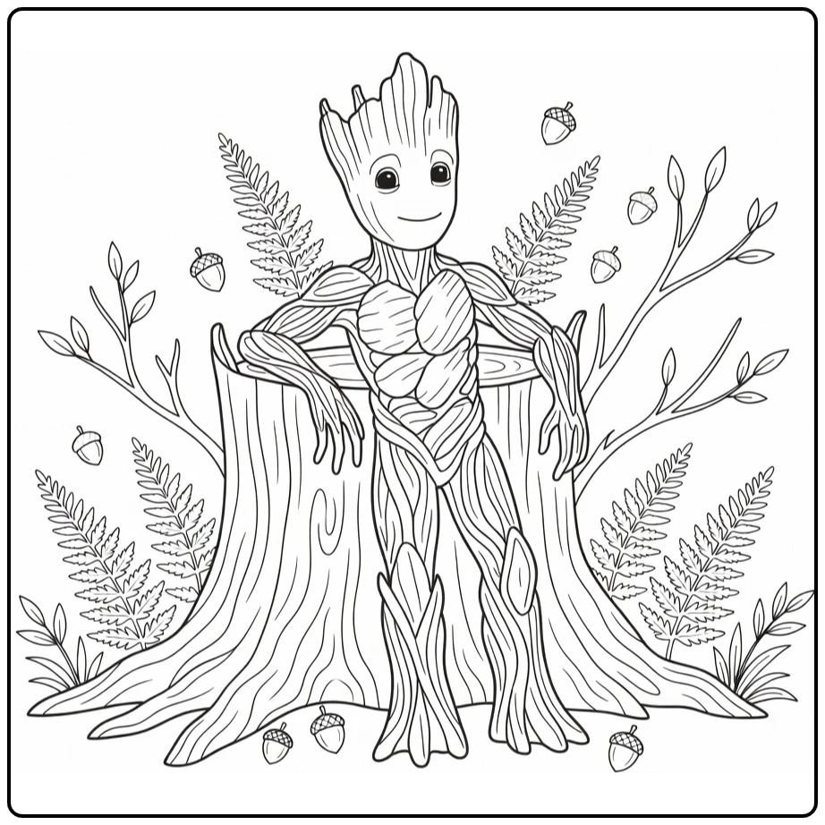 Kleurplaat Groot leunt ontspannen tegen boomstronk met bosplanten