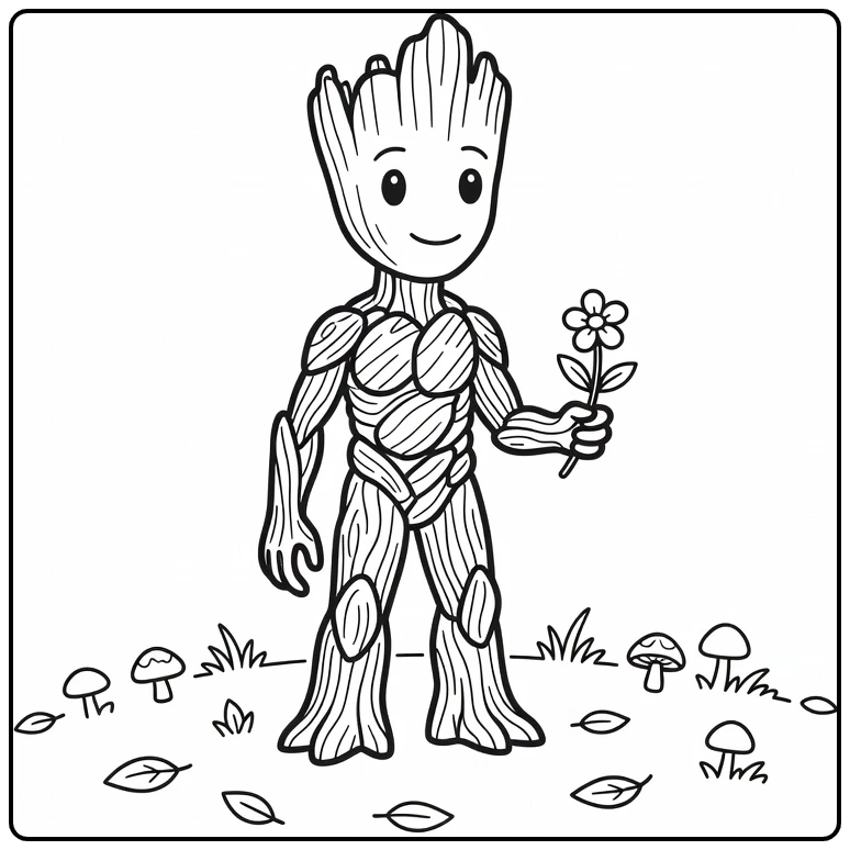 Kleurplaat Groot glimlachend in bos met bloem, bladeren en paddenstoelen