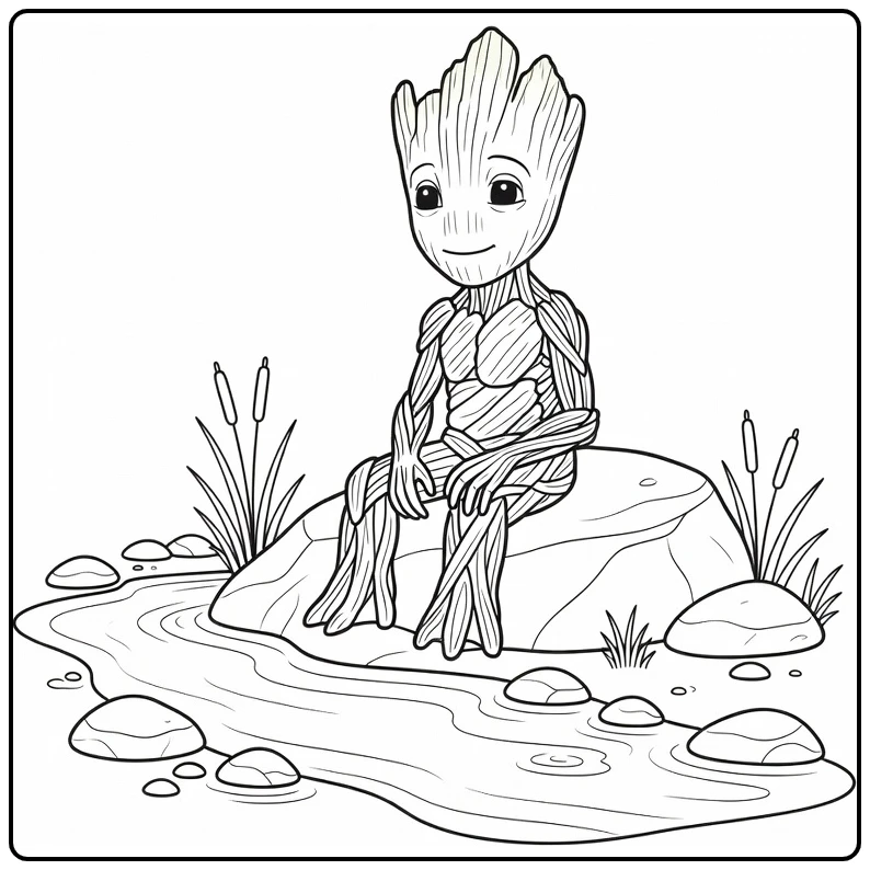 Kleurplaat Groot op rots bij rustige beek met riet