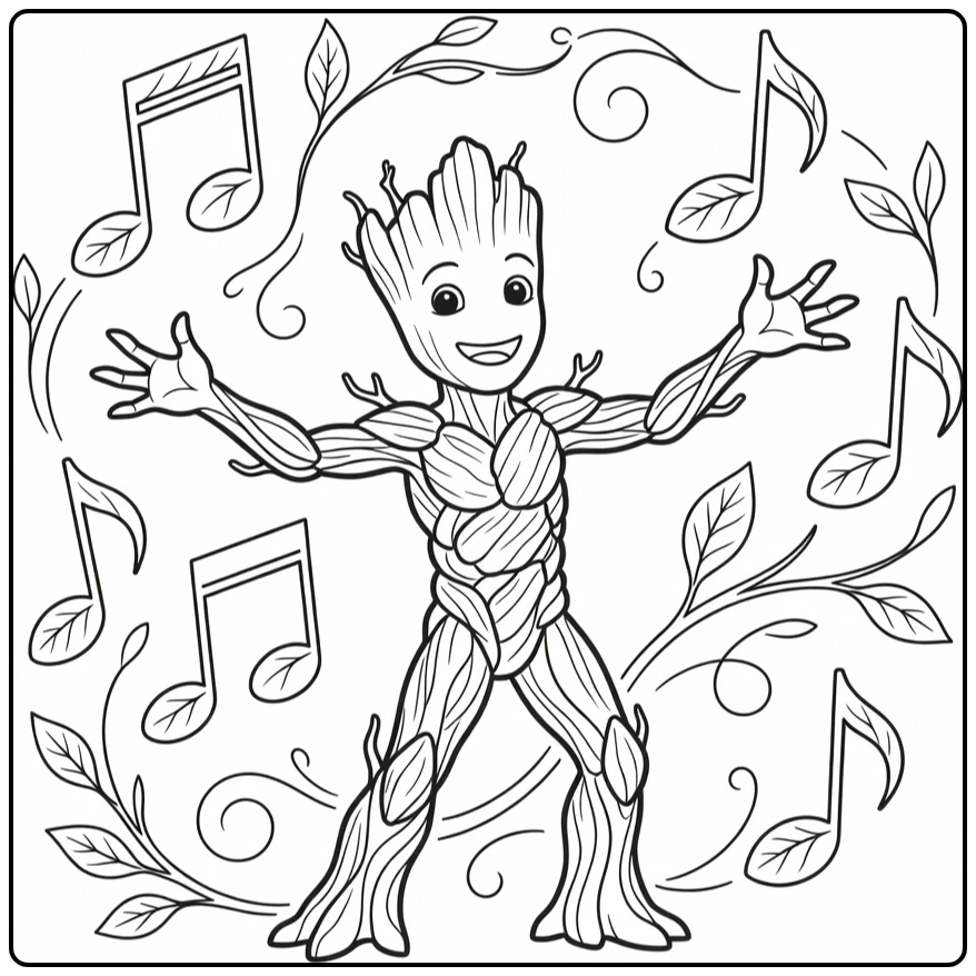 Kleurplaat groot danst blij armen wijd bladnoten