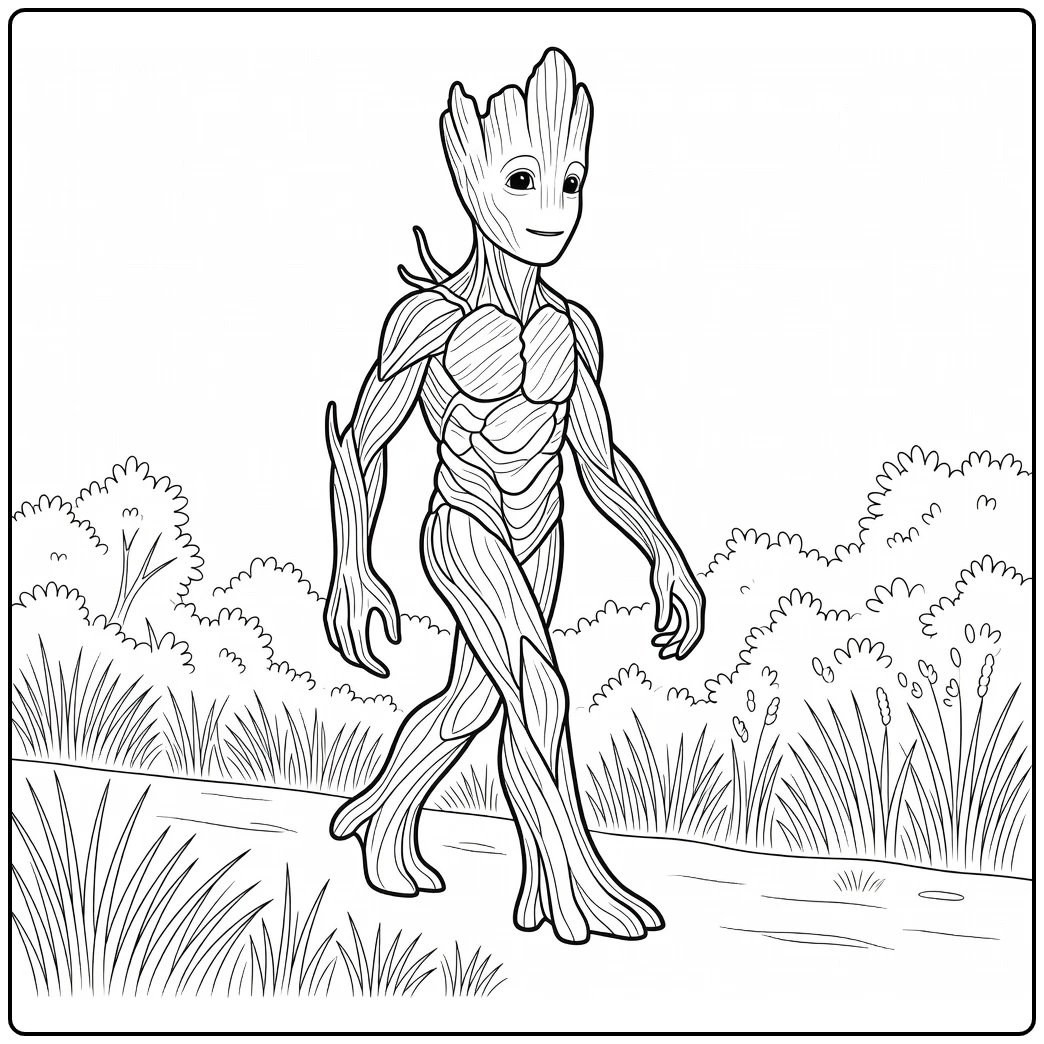 Kleurplaat Groot wandelt kalm op bospad met struiken en gras