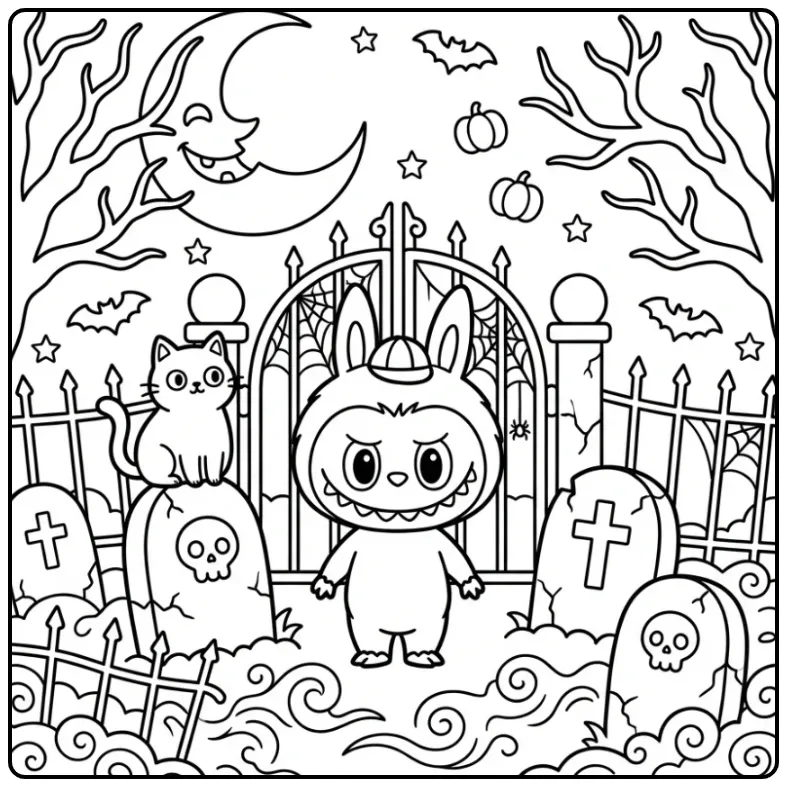 Schattige kleurplaat halloween labubu bij een kerkhof hek.
