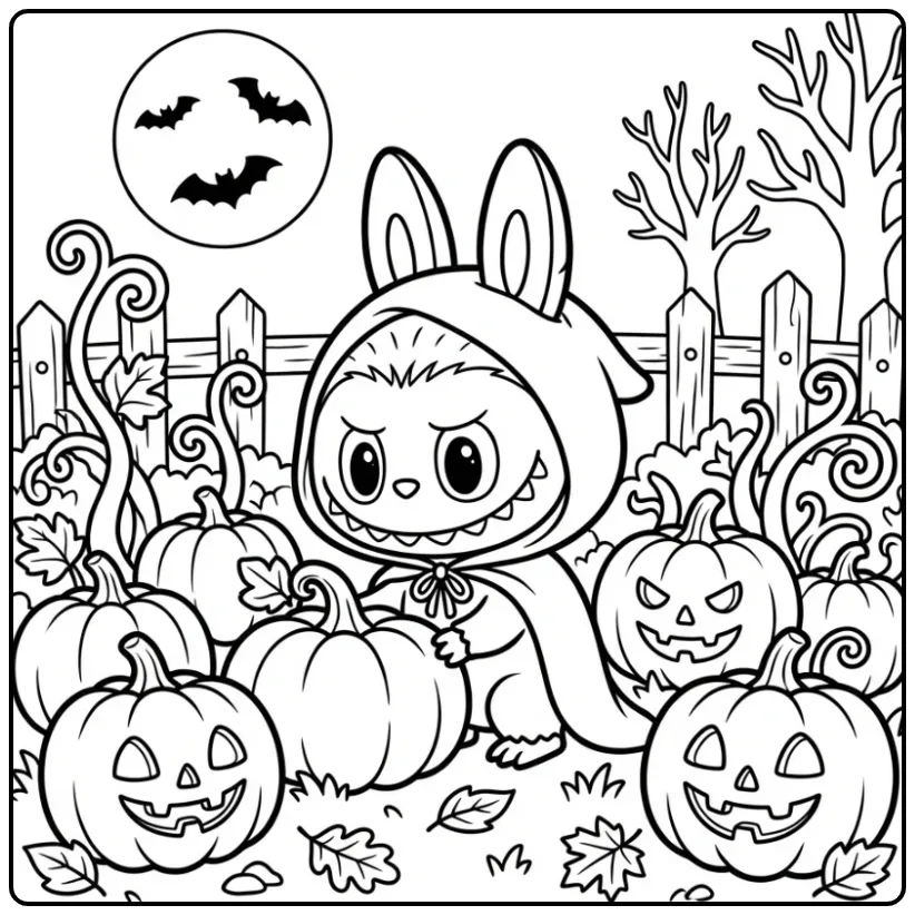 Een schattige kleurplaat halloween labubu in een pompoenveld.