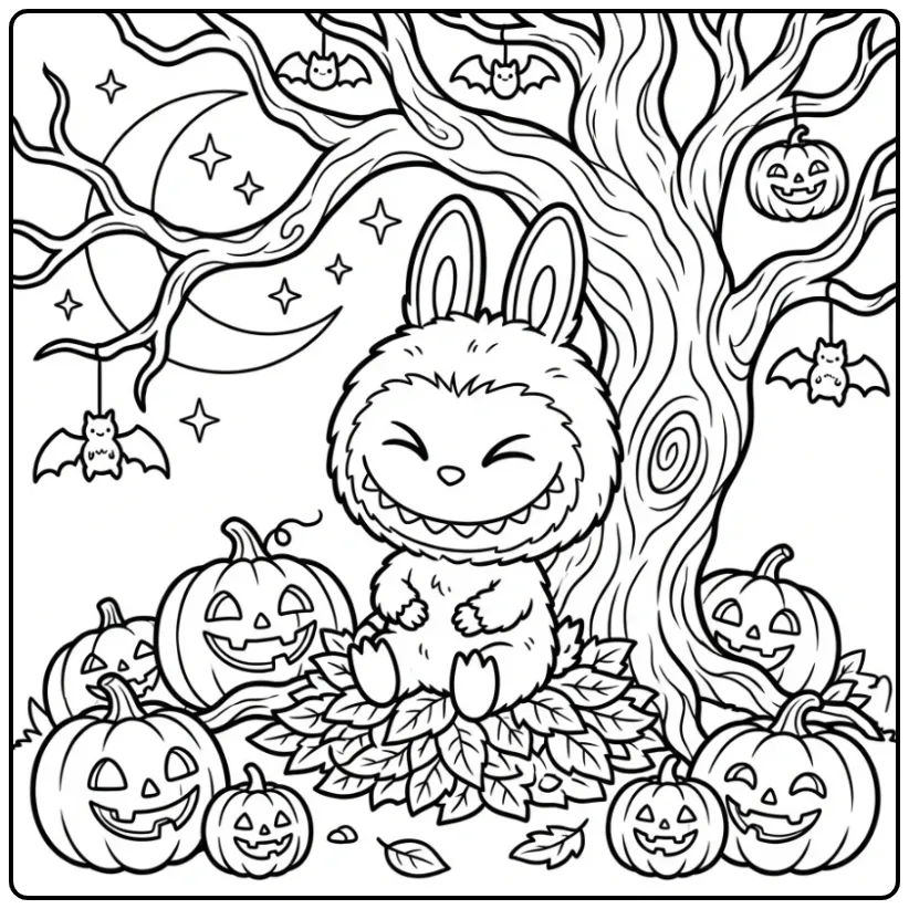 Een kleurplaat halloween labubu zittend tussen herfstbladeren.