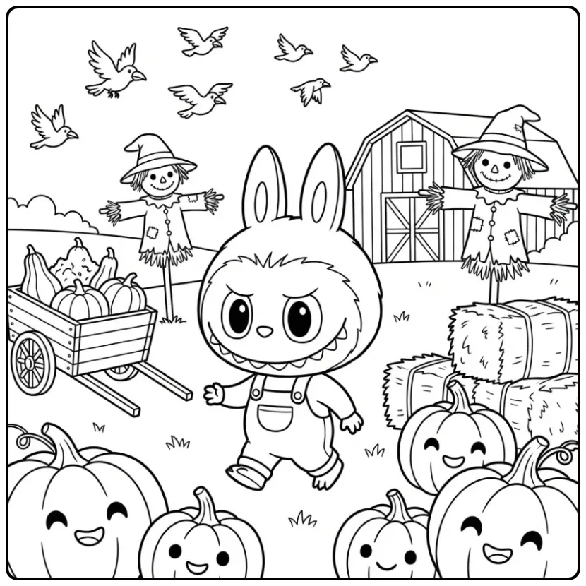 Schattige kleurplaat halloween labubu met pompoenen en hooi.