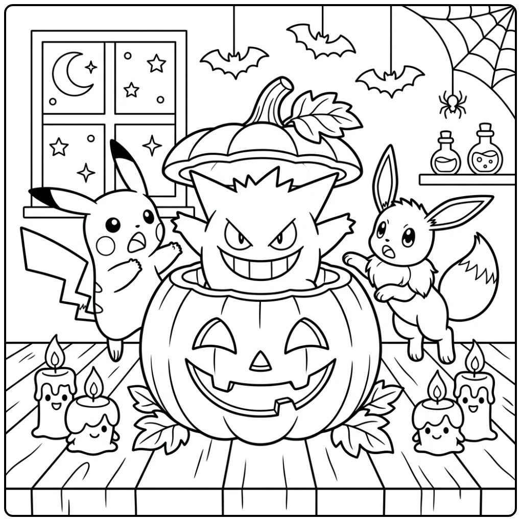 Gengar verrast Pikachu en Eevee: kleurplaat halloween pokemon.