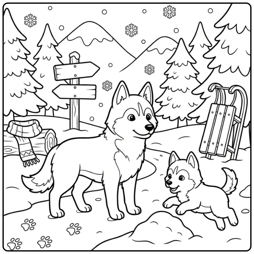Winterse kleurplaat honden puppies bij dennenbomen