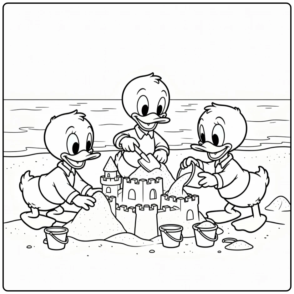 Zomerse kleurplaat kwik kwek en kwak: zandkasteel bouwen aan zee
