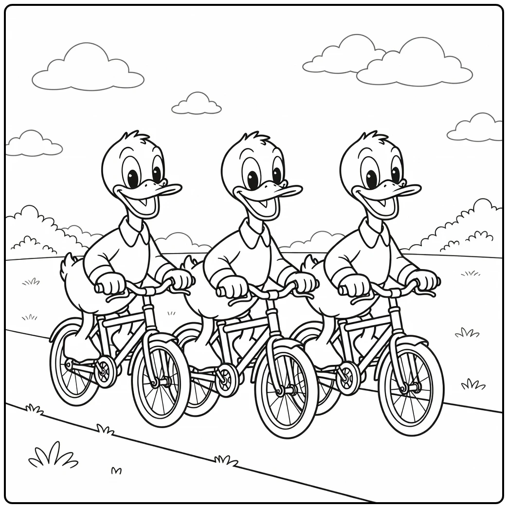 Leuke kleurplaat kwik kwek en kwak op fietsen door het landschap