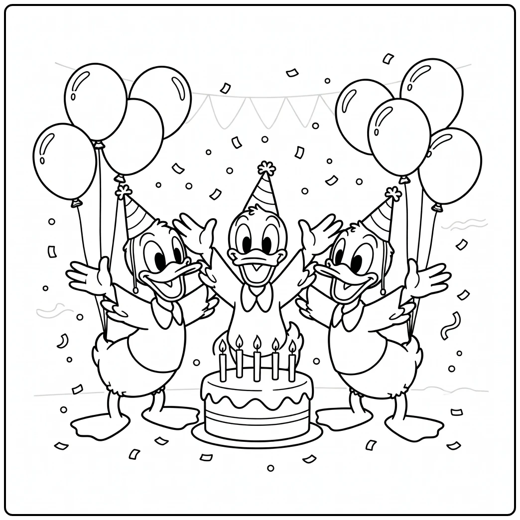 Feestelijke kleurplaat kwik kwek en kwak op hun vrolijke verjaardag.