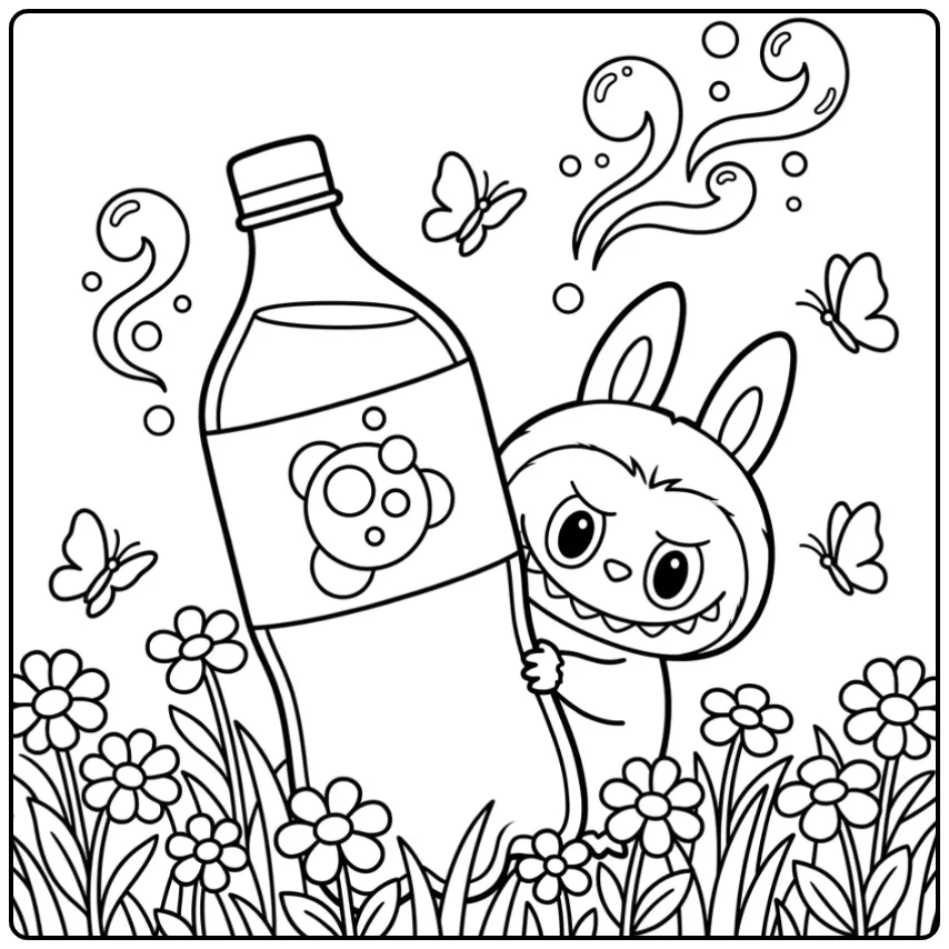 Leuke kleurplaat labubu cola met bubbels en bloemen in de wei.