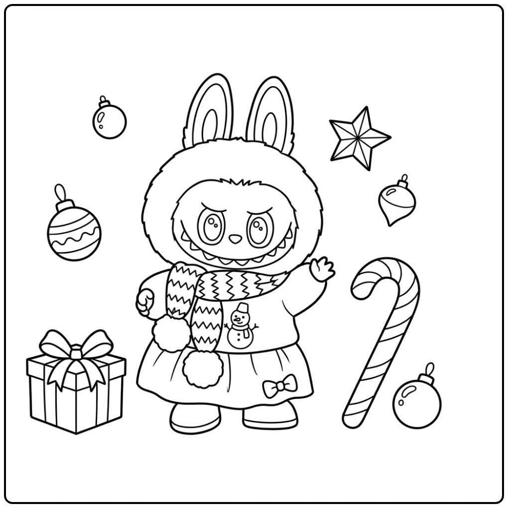 Kleurplaat labubu kerst karakter met kerstballen en cadeau.