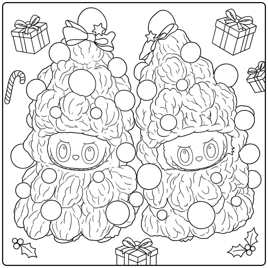 Kleurplaat Labubu kerst met twee personages als kerstbomen.