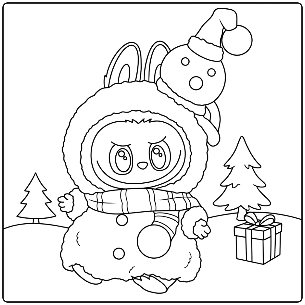 Kleurplaat Labubu Kerst: Labubu als sneeuwpop in winterlandschap.