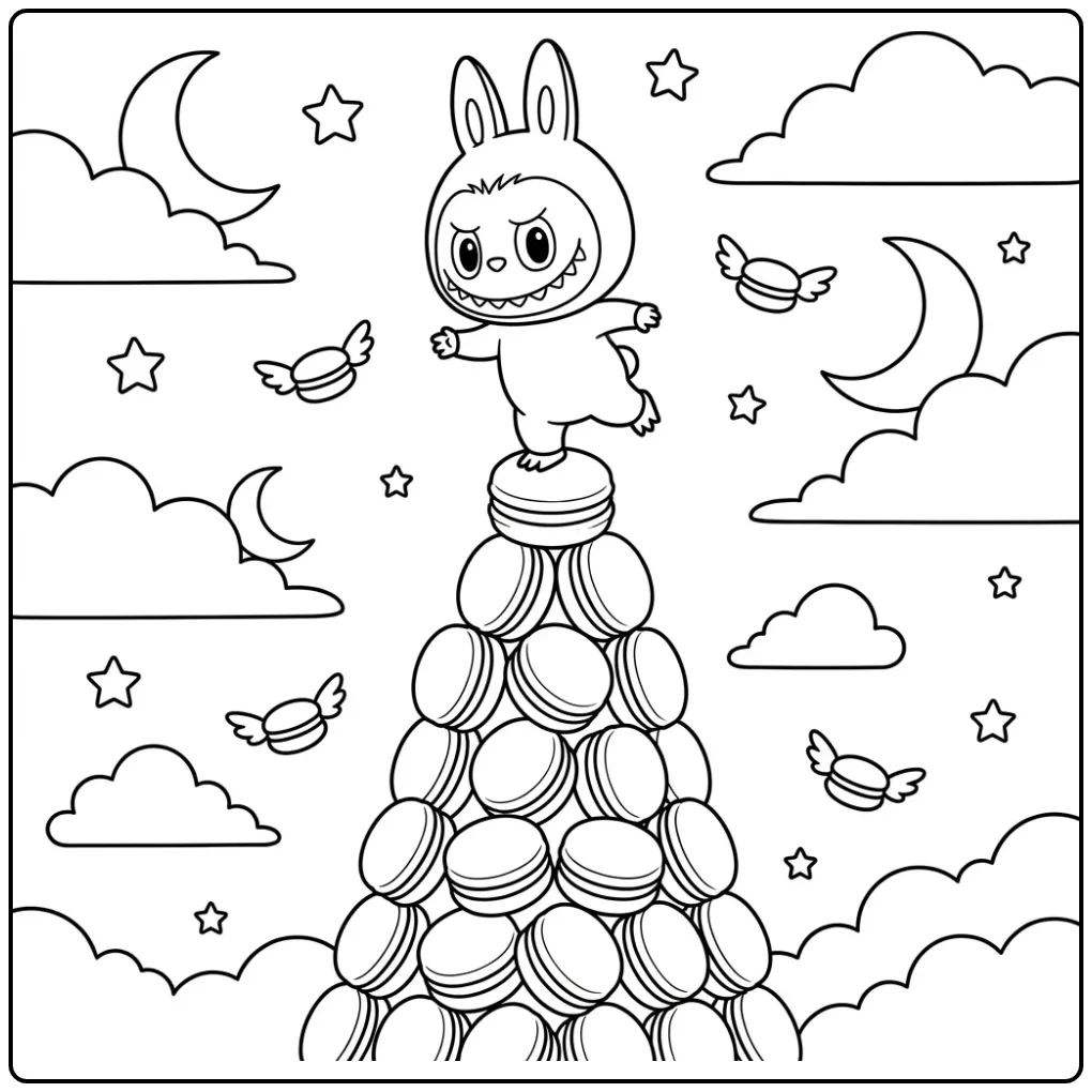 Schattige kleurplaat labubu macaron op een hoge toren.