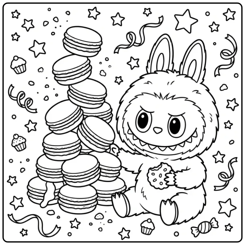 Een schattige kleurplaat labubu macaron met koekjes en sterren.